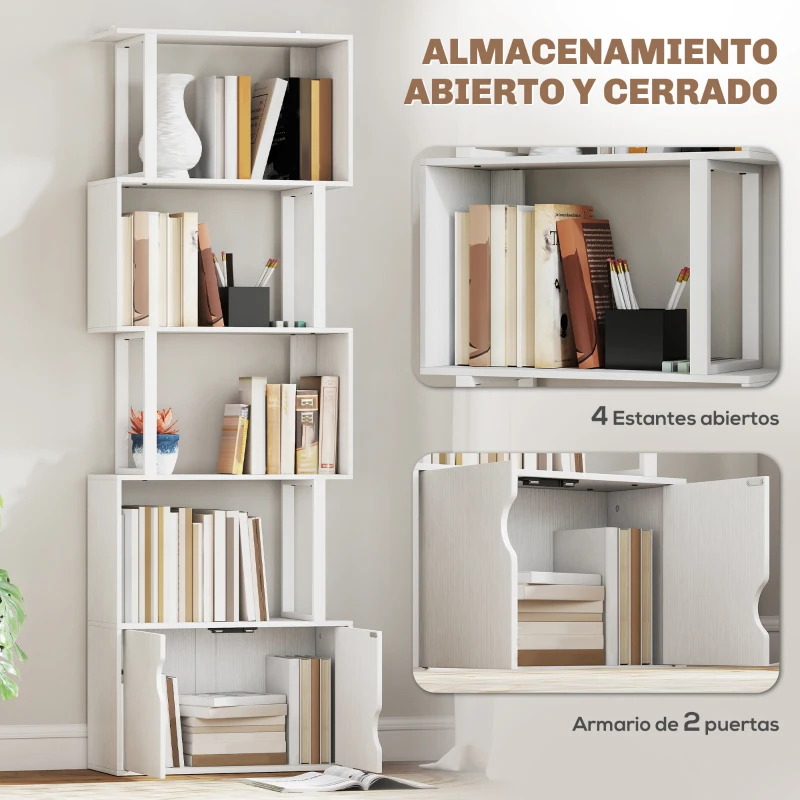 HOMCOM Librería de 5 Niveles en Forma de S con 5 Estantes y 2 Puertas para Sala de Estar Oficina 60x23,8x179,2 cm Blanco