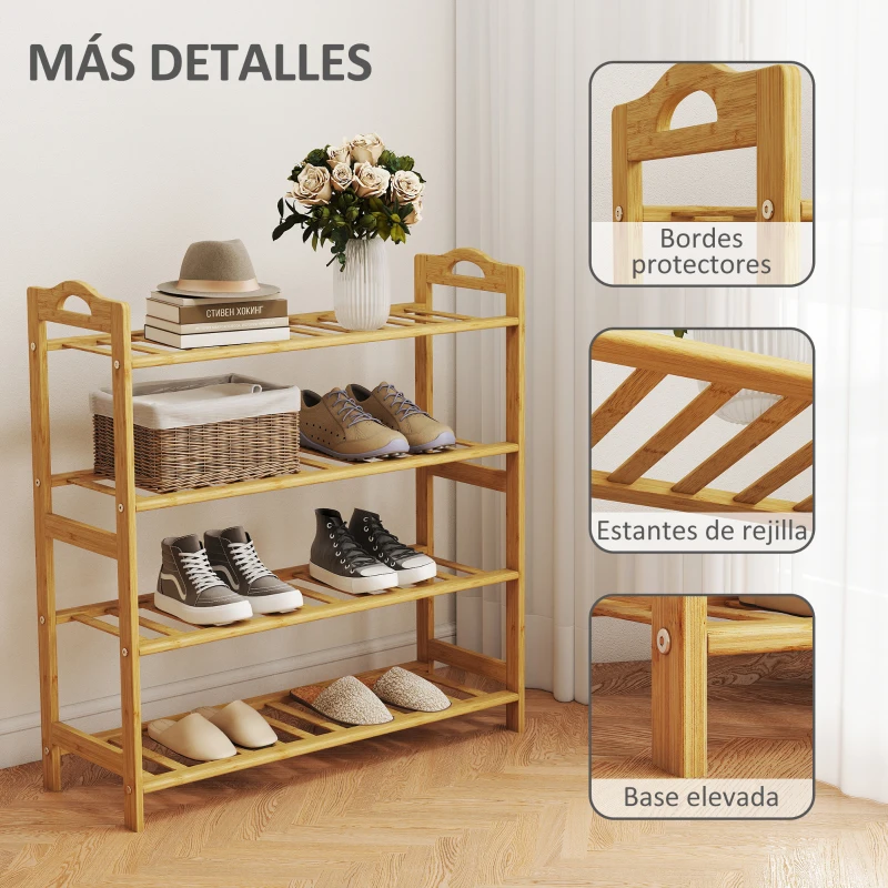 HOMCOM Estantería para Zapatos de Bambú para 12 Pares de Zapatos para Entrada Pasillo Dormitorio 67,5x24,7x72 cm Natural