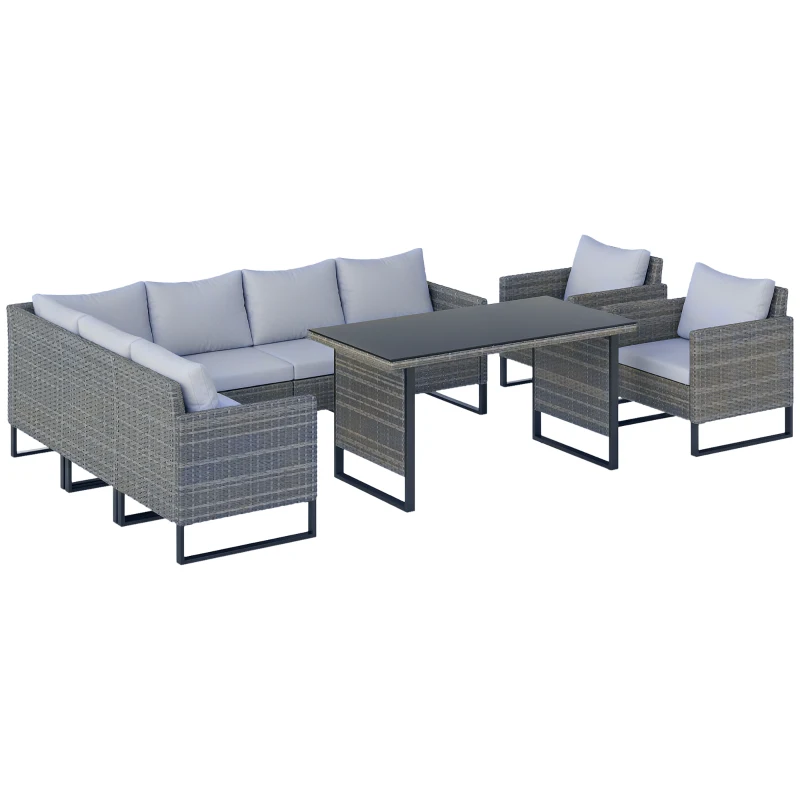 Outsunny 9 Piece Rattan Garden Furniture Set, 8 Seater Garden Corner Sofa with Cushions and Glass Top Table, Sectional Outdoor Furniture Conservatory Set for Patio, Light Grey