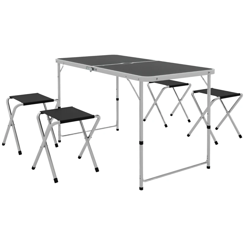 Outsunny Conjunto de Campismo de 5 Peças Mesa Dobrável com Assentos Inclui 1 Mesa Ajustável em Altura com Orifício e 4 Assentos Preto