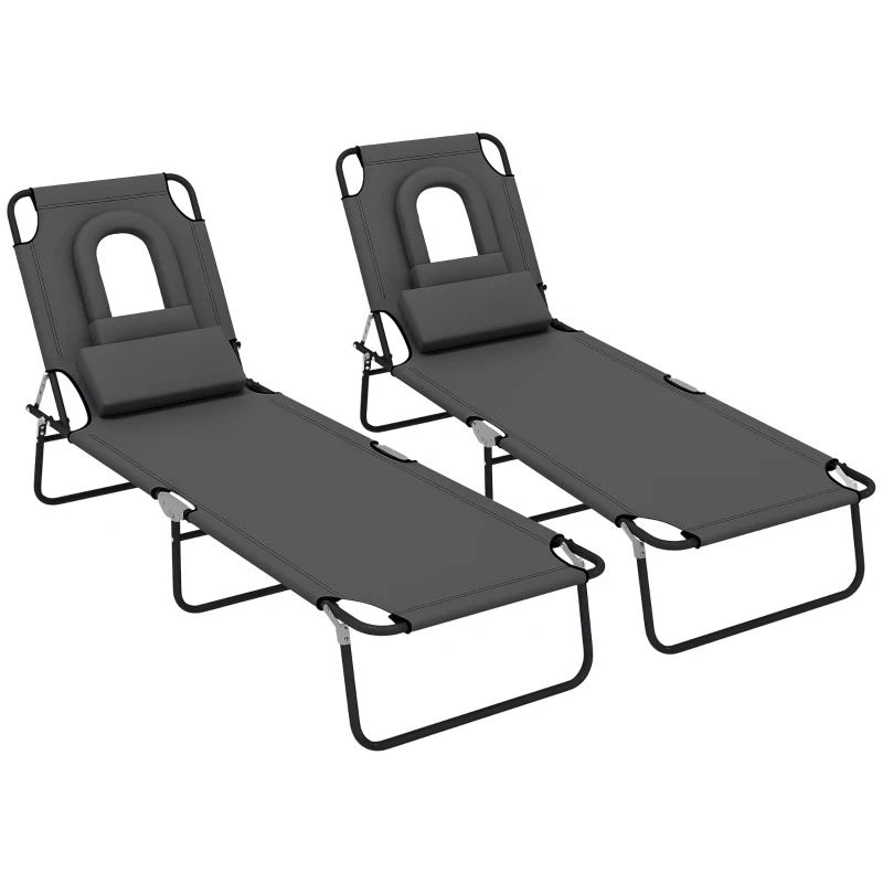 Outsunny Outdoor Folding Sun Lounger Set of 2 with Face Hole, 4 Level Adjustable Backrest Reclining Garden Lounger, Garden Recliner Sunbed with 600 D Oxford Cloth Seat and Pillow for Beach, Dark Grey