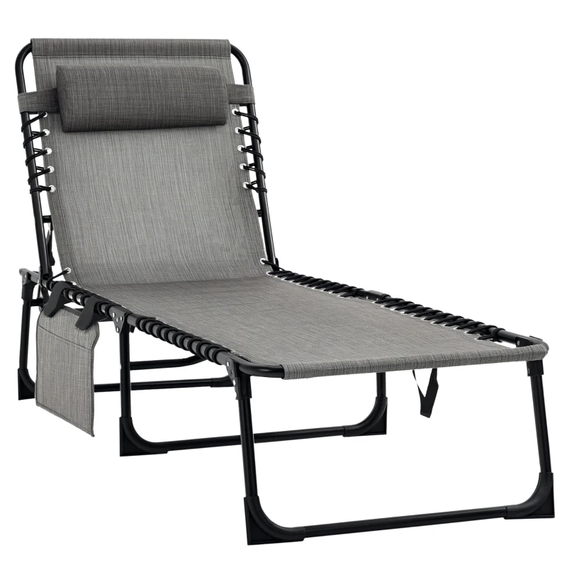 Outsunny Portable Sun Lounger, Folding Camping Bed Cot, Reclining Lounge Chair 5-position Adjustable Backrest with Side Pocket, Pillow for Patio Garden Beach Pool, Mixed Grey