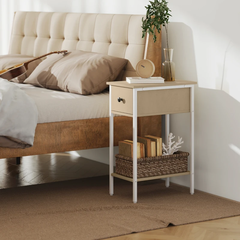 HOMCOM Mesa Auxiliar Estrecha con Cajón Estante Abierto y Estructura Metálica para Salón Dormitorio 25x39,8x58,2 cm Natural