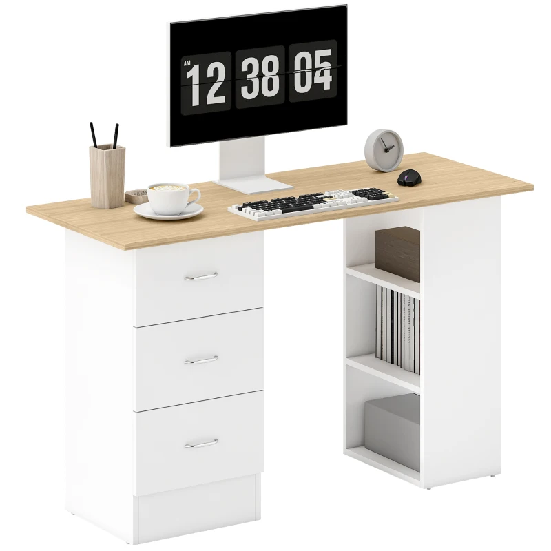 HOMCOM Computer Desk, Writing Table, PC Workstation with 3 Storage Shelves and Drawers, Silver Handle, for Home Office, Natural Wood Finish and White