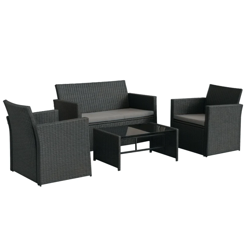 Outsunny 4 Pieces PE Rattan Garden Sofa Set with Cushions, Outdoor Patio Wicker Weave Conservatory Furniture Set with a Loveseat, 2 Armchairs and a Glass Top Coffee Table, Black