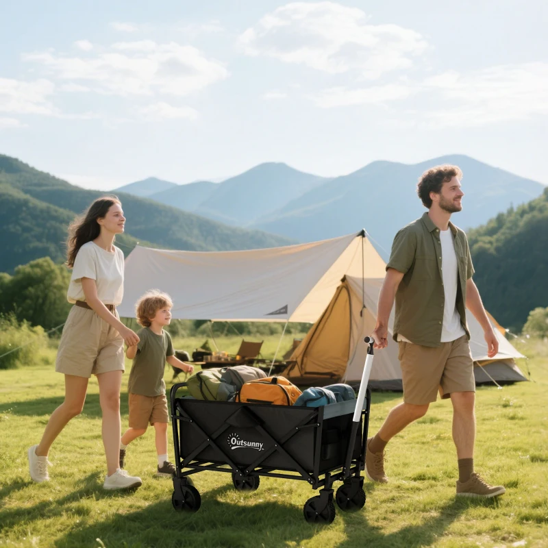 Outsunny Carrinho de Transporte Carrinho Dobrável com 4 Rodas Capacidade 70 L Carga 80 kg para Jardim Praia Campismo Preto