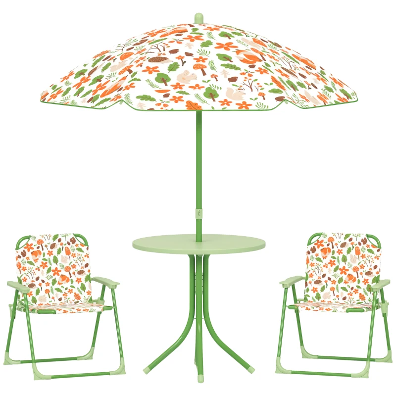 AIYAPLAY 4-Piece Kids Garden Table and Chair Set with Adjustable Parasol, Folding Chairs, Table, Nature Pattern, Green