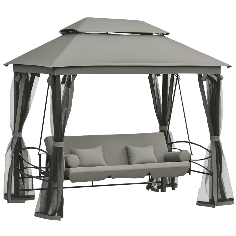 Outsunny 3 Seater Swing Chair 3-in-1 Convertible Garden Swing Seat Bed Gazebo Patio Bench Outdoor with Double Tier Canopy, Cushioned Seat, Mesh Sidewalls, Grey