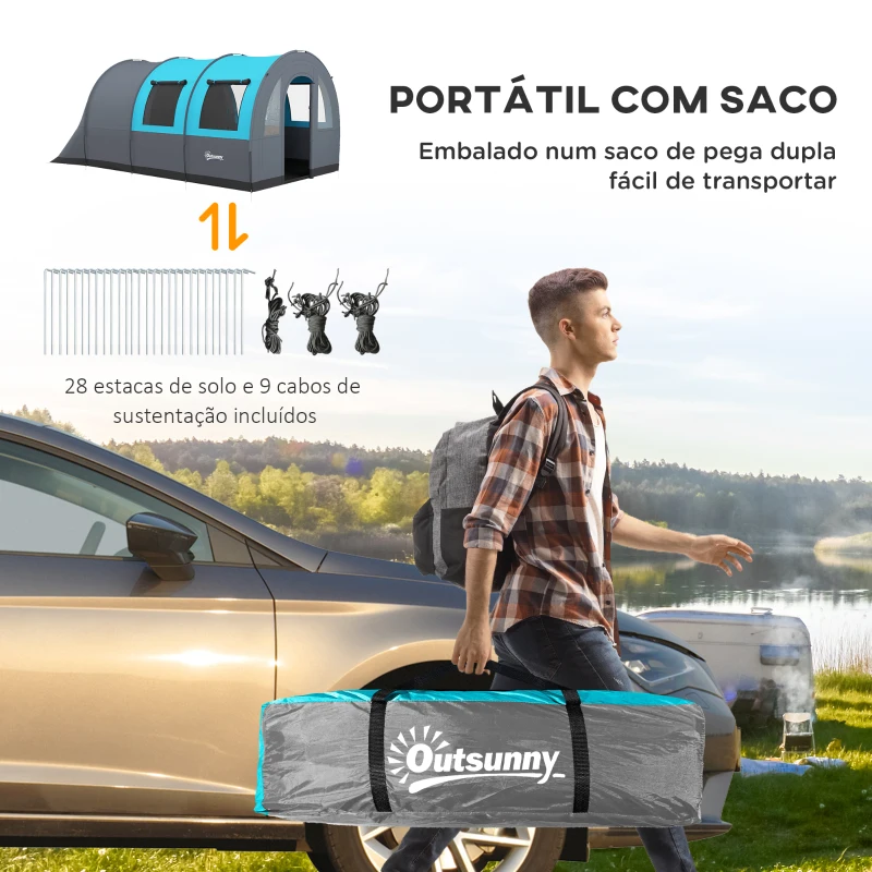 Outsunny Tenda de Campismo Familiar para 5-6 Pessoas com 2 Quartos Portas Impermeável 3000 mm para Trekking 480x260x200 cm Cinza
