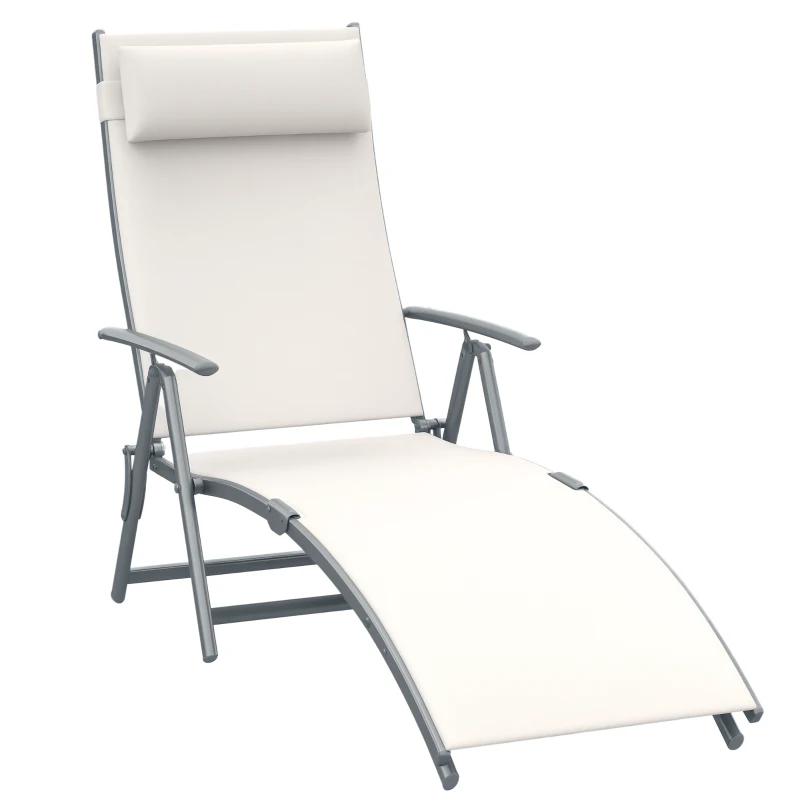 Outsunny Sun Lounger Steel Frame Outdoor Folding Chaise Texteline Lounge Chair Recliner with Headrest & 7 Levels Adjustable Backrest, Cream White
