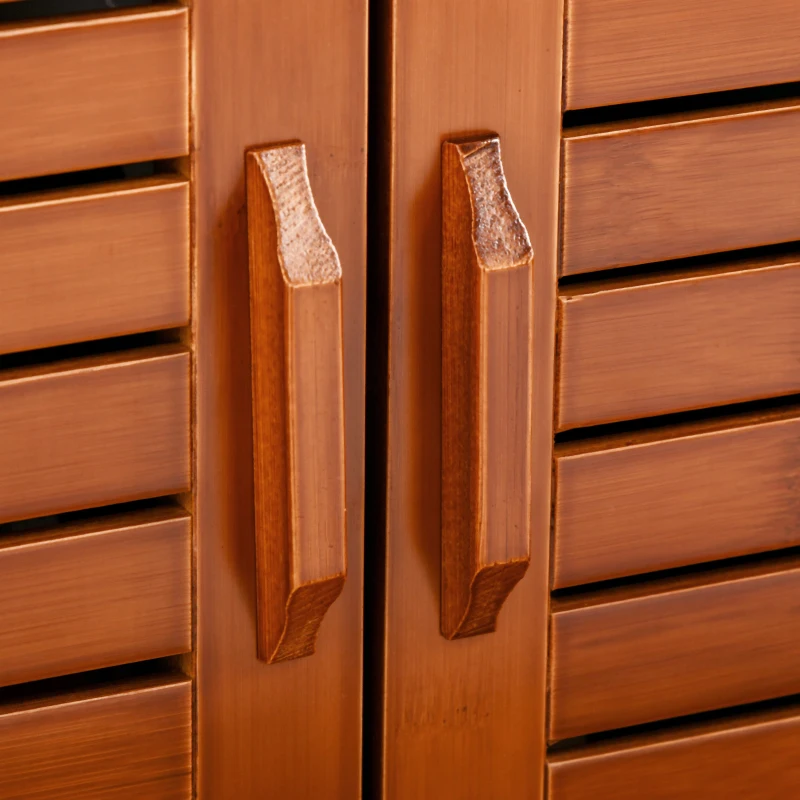 HOMCOM Banc à chaussures meuble à chaussures en bambou avec coussin d'assise, 3 portes et compartiment caché, marron