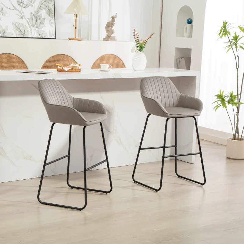 HOMCOM Ensemble de 2 Tabourets de Bar, Tabouret de Bar avec Revêtement en Tissu et Rembourrage en Mousse, Tabouret Rembourré avec Pieds en Métal, Gris