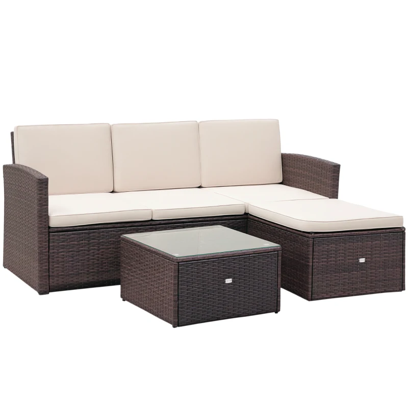 Outsunny 3 Pieces Outdoor PE Rattan Corner Sofa Set with Thick Cushions, Patio Rattan Garden Furniture with Glass Top Coffee Table and Footstool, Brown