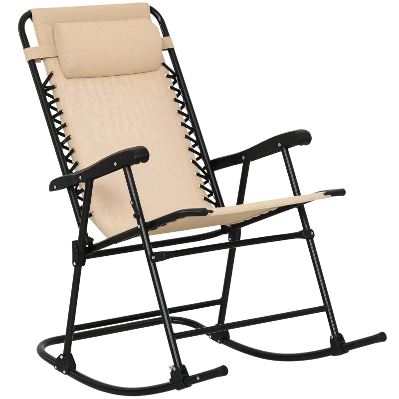 Outsunny Folding Rocking Chair Outdoor Portable Zero Gravity Chair w/ Headrest Beige