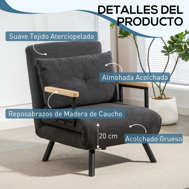 HOMCOM Sofá Cama Individual Plegable Silla Cama Convertible 4 en 1 Respaldo Ajustable de 5 Niveles y Almohada 63x73x81 cm Gris
