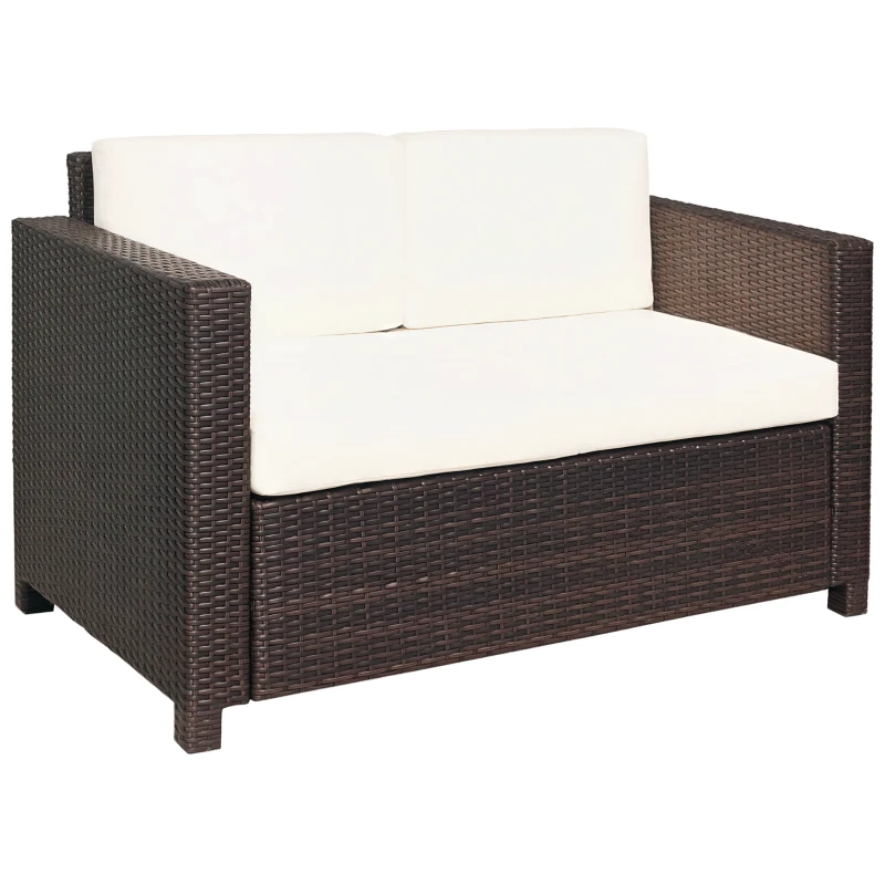 Outsunny Rattan Sofa, 2 Seater Garden Furniture with Soft Padded Cushion and Armrests, Wicker Garden Loveseat for Patio, Mixed Brown