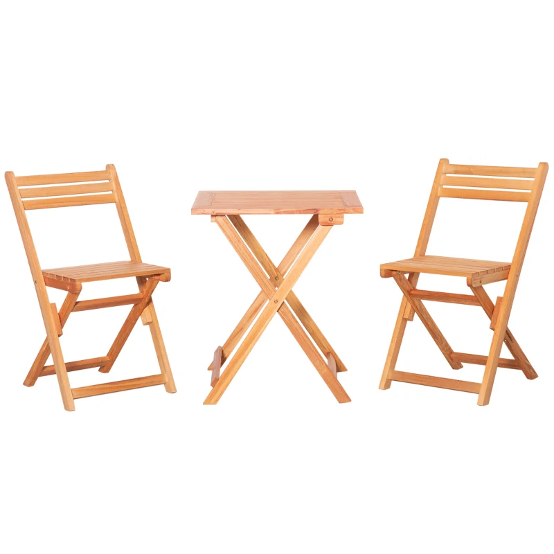Outsunny 3 Piece Garden Bistro Set, Folding Outdoor Chairs and Table Set, Wood Patio Dining Furniture for Poolside, Balcony, Teak