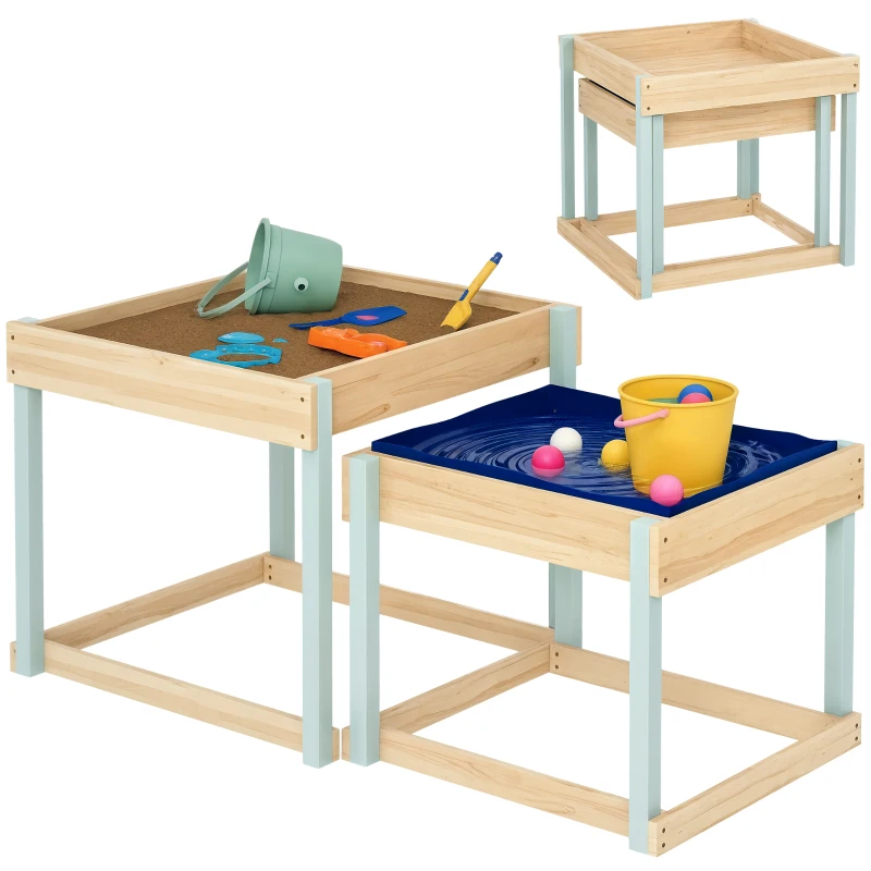 AIYAPLAY 2 PCS Wooden Outdoor Sand and Water Play Tables with Bottom Liner for Kids Aged 3-8 Years Old, Natural Wood Finish
