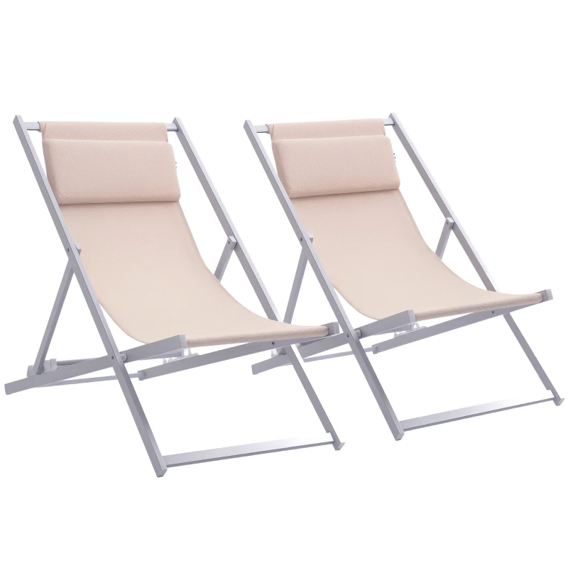 Outsunny Conjunto de 2 Tumbonas Plegables con Respaldo Regulable y Reposacabezas Acolchado 58x96,5x91,5 cm Beige