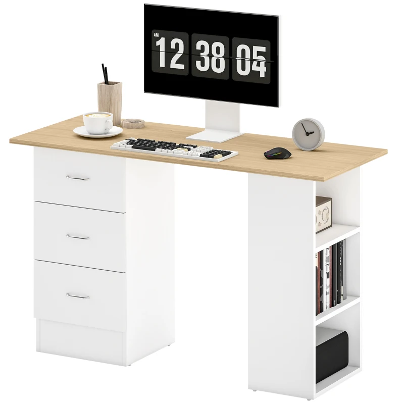 HOMCOM Computer Desk, Writing Table, PC Workstation with 3 Storage Shelves and Drawers, Silver Handle, for Home Office, Natural Wood Finish and White