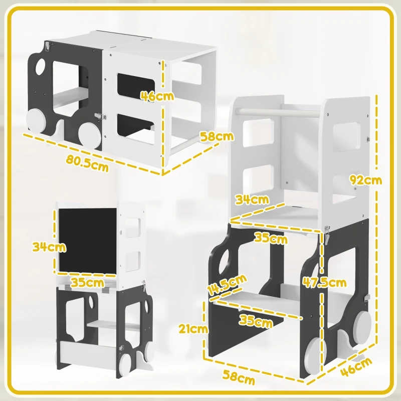 AIYAPLAY Scala Montessori 4 in 1 per Bambini con 2 Lavagne e Set Tavolo e Sedia, in Legno, 58x46x92 cm, Bianco