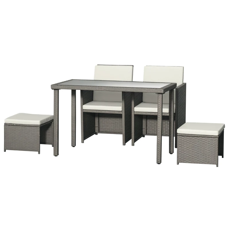 Outsunny 2 Seater Rattan Cube Garden Furniture Set, Rattan Dining Set with Cushions, Outdoor Dining Table and Chairs with 2 Armchairs, 2 Stools, Rectangular Glass Top Table for Patio, Balcony, Grey