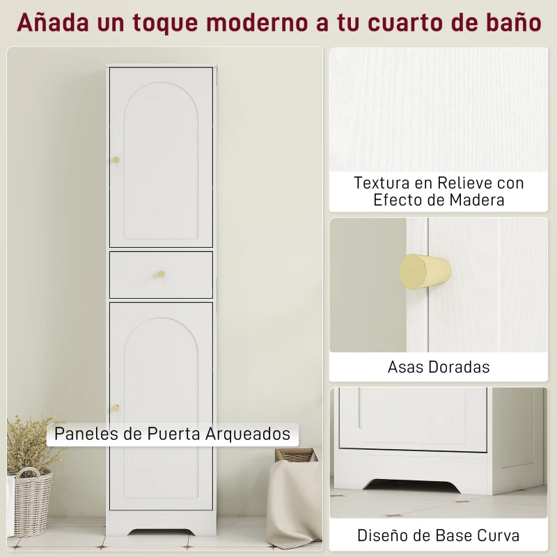 HOMCOM Armario Alto de Baño Estrecho con 2 Puertas Arqueadas Cajón y Estantes Ajustables Moderno 40x29,5x170 cm Blanco Veteado