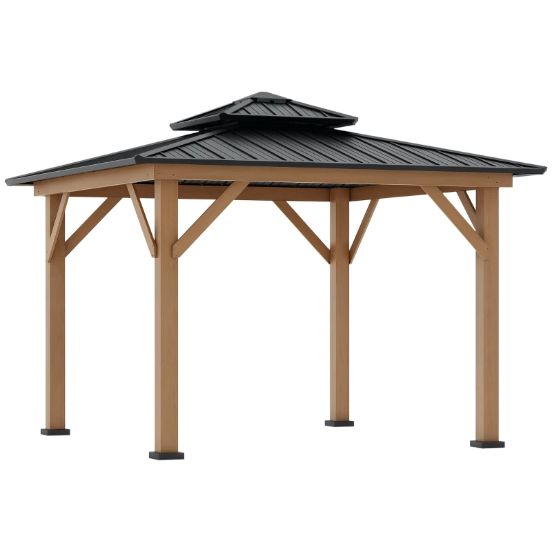 Outsunny 3.5 x 3.5m Outdoor Hardtop Gazebo Canopy with Two-tier Metal Roof and Solid Wood Frame Outdoor Patio Shelter for Patio, Garden, Black