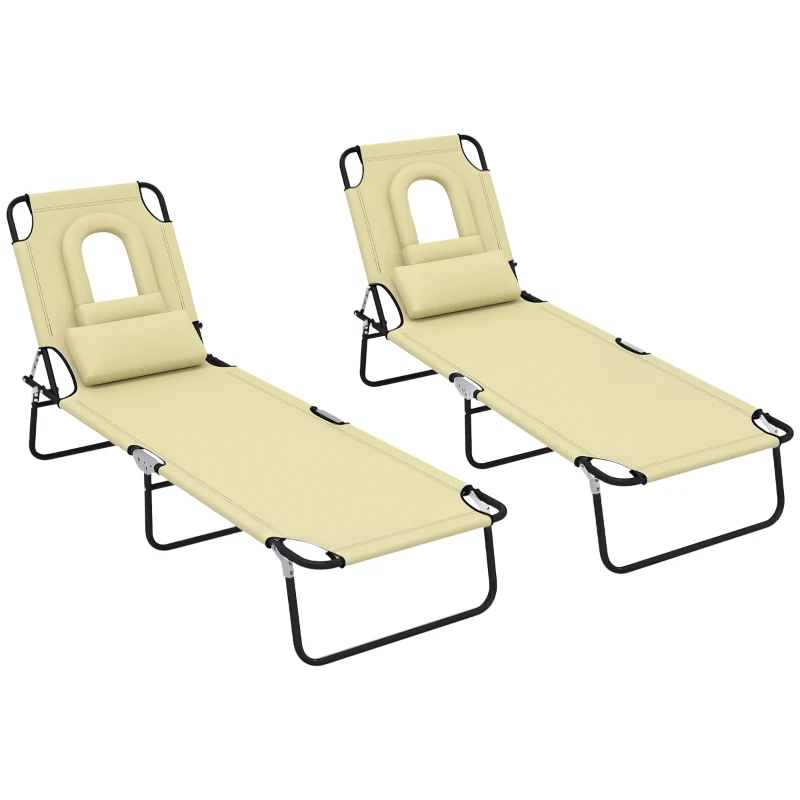 Outsunny Folding Sun Loungers Set of 2 with Face Hole, 4-Position Adjustable Backrest Garden Recliner Chairs Sunbeds, Outdoor Lounge Chairs with 600 D Oxford Cloth Seat, Pillow for Beach, Beige