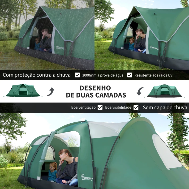 Outsunny Tenda de Campismo para 4-5 Pessoas Impermeável + Anti UV com Bolsa de Transporte e Gancho para Luz 455x230x180cm Verde