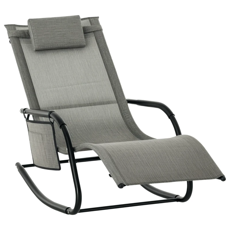 Outsunny Outdoor Garden Rocking Chair, Patio Sun Lounger Rocker Chair with Breathable Mesh Fabric, Removable Headrest Pillow, Armrest, Side Storage Bag, Dark Grey
