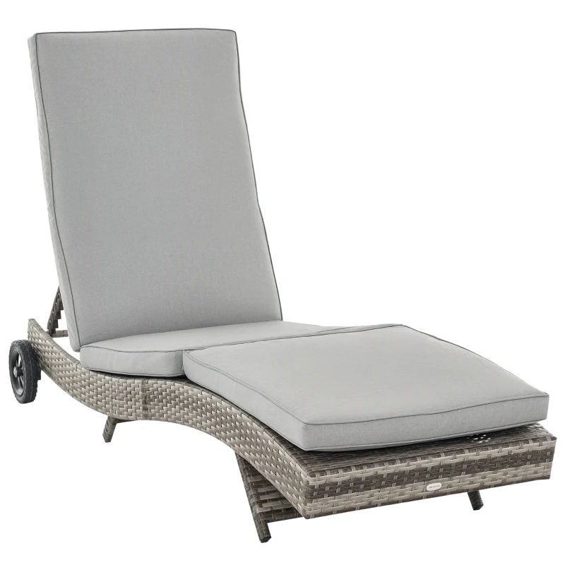 Outsunny Espreguiçadeira de Vime Reclinável Espreguiçadeira de Jardim com 2 Rodas Encosto Ajustável em 5 Posições 207x70x70 cm Cinza