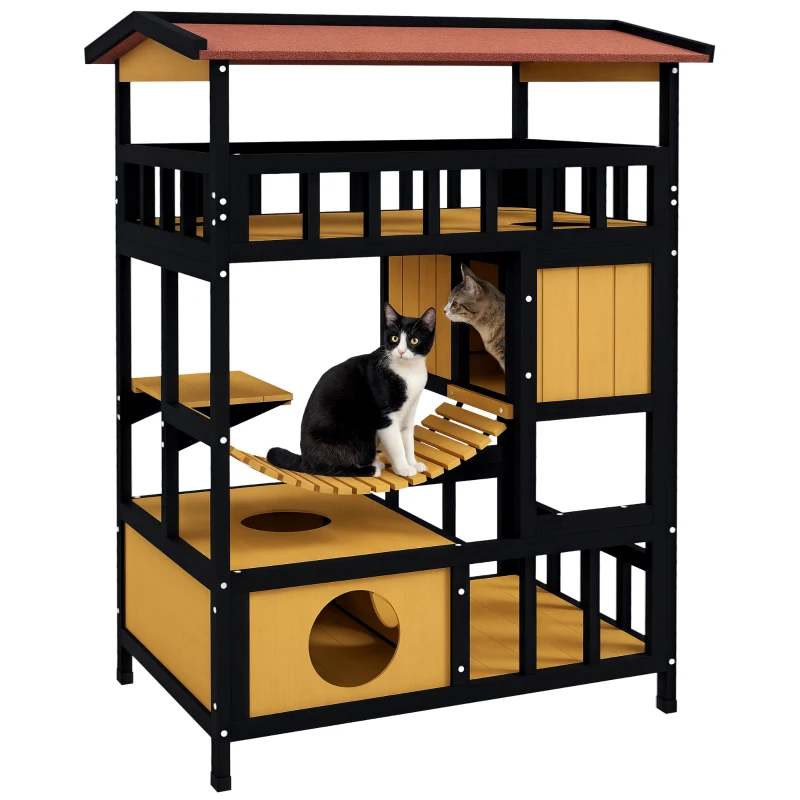 PawHut Katzenhaus, Katzenparadies mit Plattformen, Hängebrücke und Katzenhöhlen, für bis zu 2 Katzen geeignet, Holz(m-10)