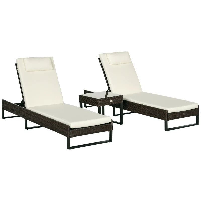 Outsunny Three-Piece Reclining Lounger Set, with Glass-Top Table - Cream