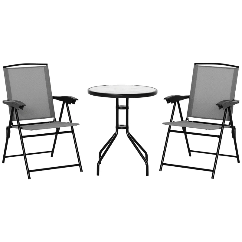 Outsunny Ensemble de jardin 3 pièces 2 chaises inclinables multi-positions pliables table ronde verre trempé métal textilène gris