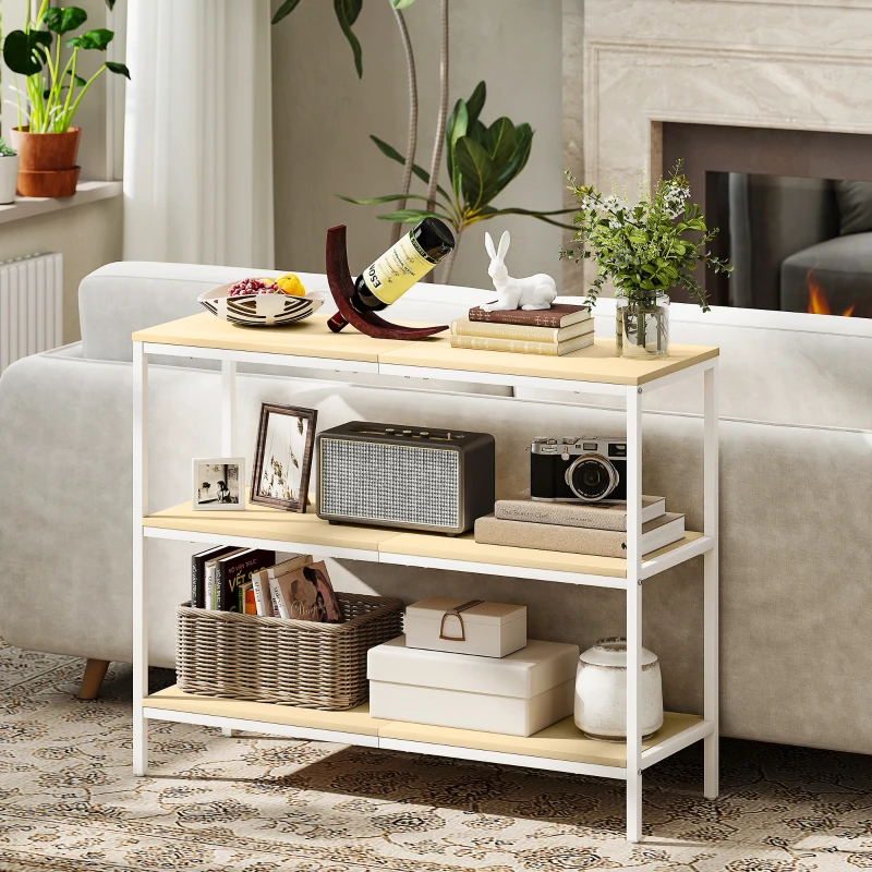 HOMCOM Consola de Recibidor con 3 Estantes Abiertos y Patas de Metal para Pasillo Entrada Salón Dormitorio Natural y Blanco