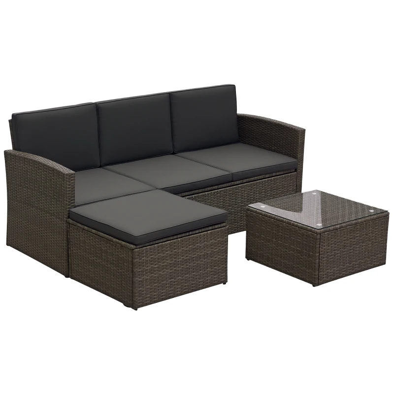 Outsunny 3 Pieces Outdoor PE Rattan Corner Sofa Set with Thick Cushions, Patio Rattan Garden Furniture with Glass Top Coffee Table and Footstool, Grey