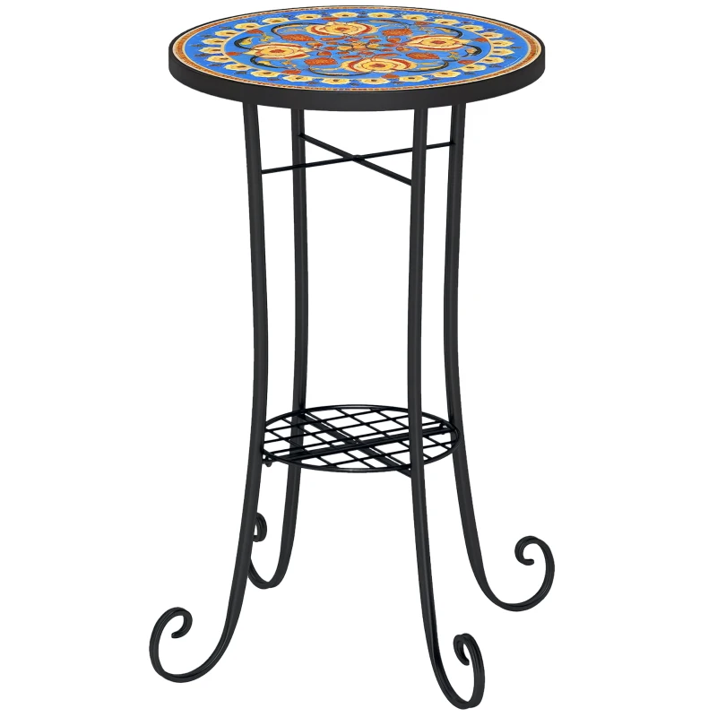 Outsunny Mosaic Garden Table, 35.5 cm Round Outdoor Table with Shelf, Ceramic Tile Top, Small Garden Side Table Bistro Table End Table Plant Stand for Indoor, Patio, Balcony, Blue