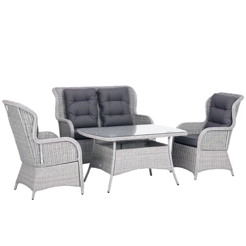 Outsunny Garden PE Rattan Dining Sofa Set, Outdoor 4 Seater Wicker Furniture, High Back Chairs with Cushions, Tempered Glass Coffee Table for Patio, Mixed Grey