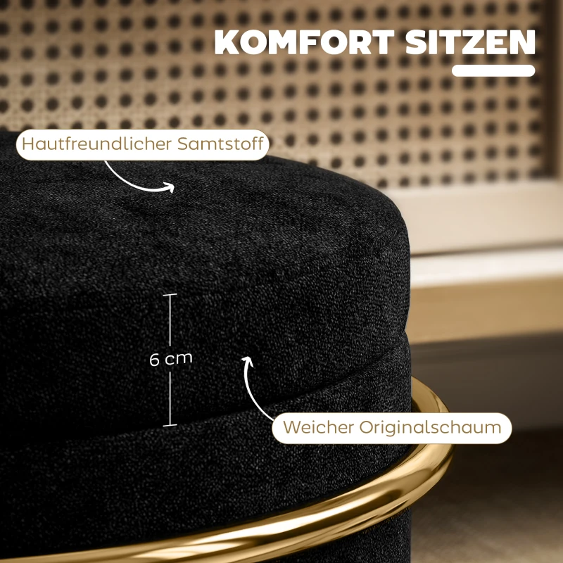 HOMCOM Sitzhocker mit Stauraum, gepolsterter Fußhocker, Metallrahmen, vergoldet, Schwarz