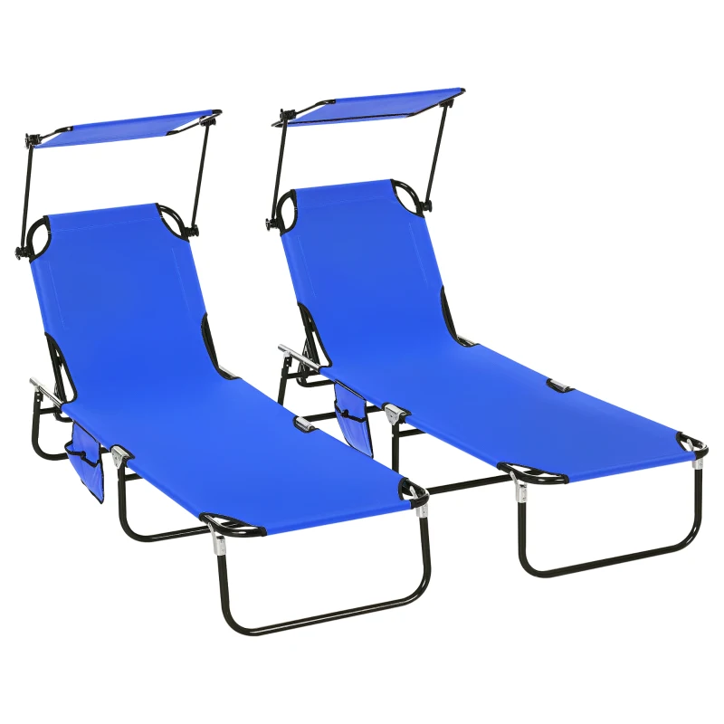 Outsunny Set of Two Folding Sun Loungers, with Adjustable Backs and Sun Canopies - Blue