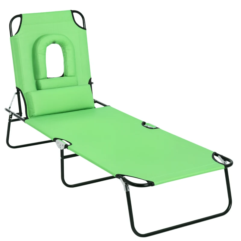 Outsunny Outdoor Folding Sun Lounger with Face Hole, 4 Level Adjustable Backrest Reclining Garden Lounger, Garden Recliner Sunbed with 600 D Oxford Cloth Seat and Pillow for Beach, Green