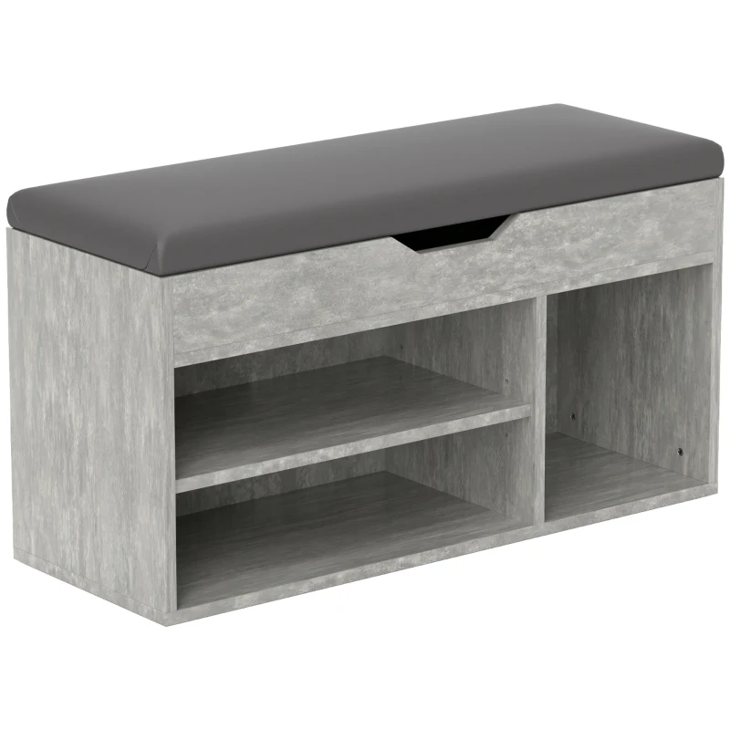 HOMCOM Bancă pentru Încălțăminte cu 3 Rafturi Deschise, Spațiu Ascuns și Pernă Capitonată, 80x30x45 cm, Gri