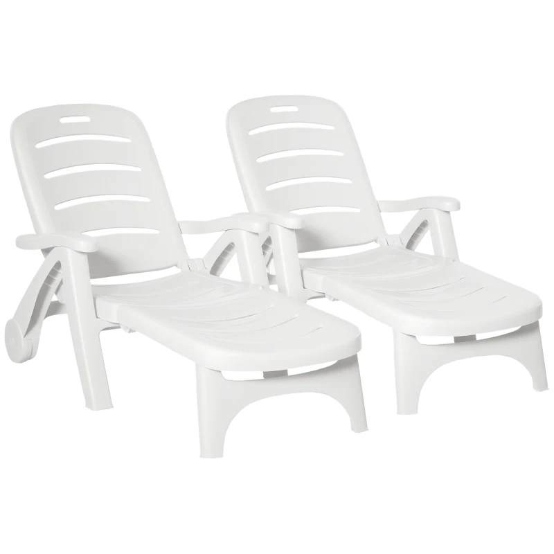 Outsunny 2PCs Outdoor Folding Sun Lounger Recliner on Wheels w/ 5-Position Backrest, White