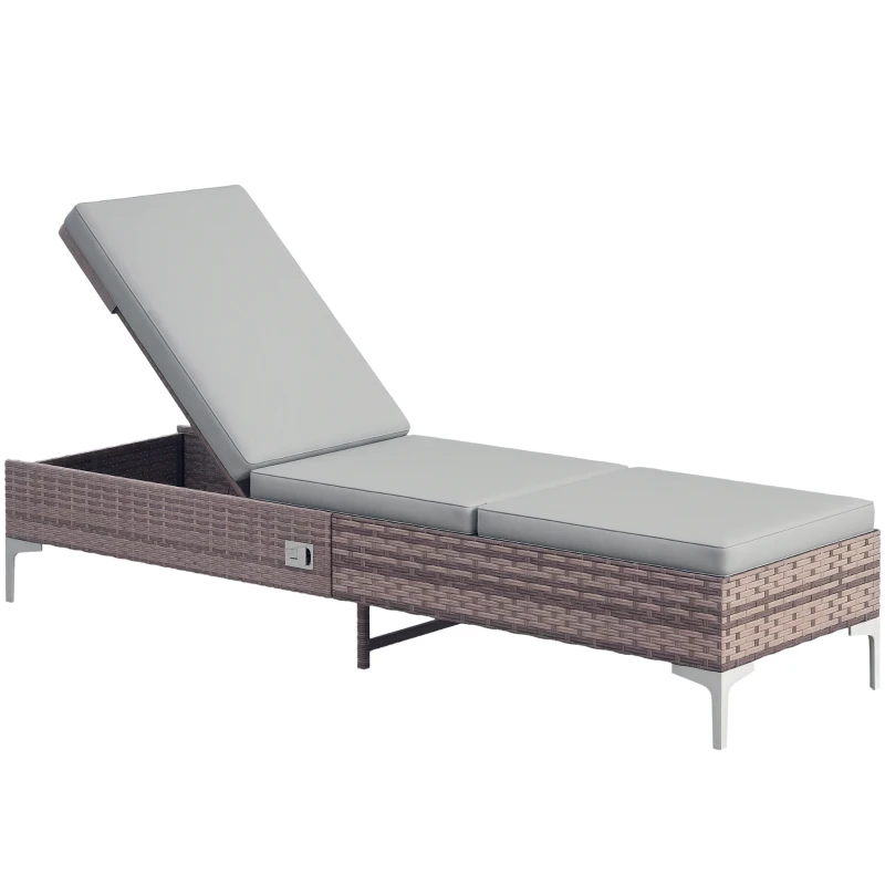 Outsunny Outdoor PE Rattan Sun Lounger, Multi-position Backrest Adjustable Single Recliner Sunbed Daybed with Removeable & Washable Cushion, for Patio, Garden, Light Grey