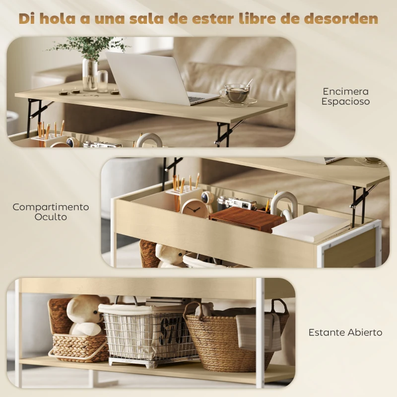 HOMCOM Mesa de Centro Elevable con Cierre Suave Espacio Oculto de Almacenaje y Estante Abierto 95x40x59 cm Natural y Blanco