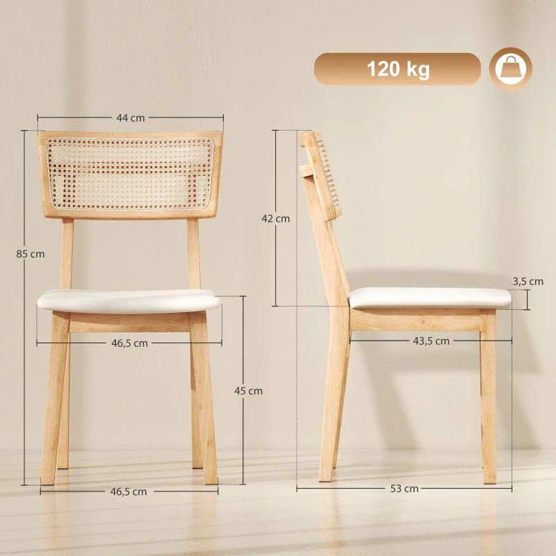 HOMCOM Silla de Comedor Respaldo de Rattan Asiento de Piel Sintética Madera de Caucho Madera Natural