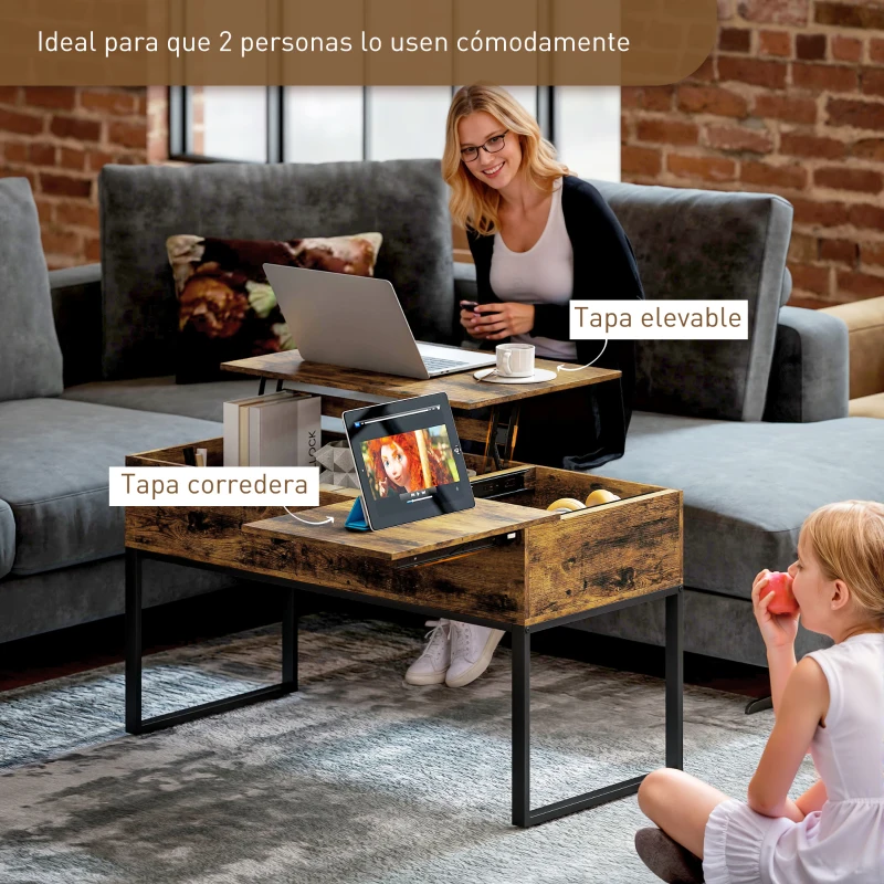 HOMCOM Mesa de Centro Elevable con Encimera Deslizante Cierre Suave Espacio Oculto de Almacenaje 100x45x67 cm Marrón Rústico