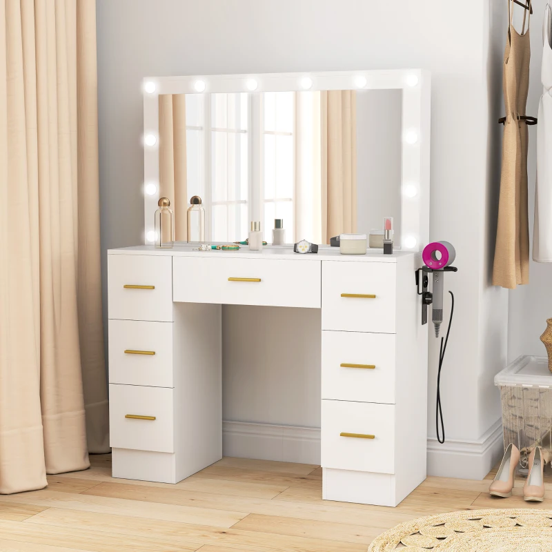 HOMCOM Coiffeuse avec Miroir et 12 Lumières LED, Table de Maquillage avec 7 Tiroirs, 6 Compartiments de Rangement Cachés, Panneau de Particules, Blanc(m-5)