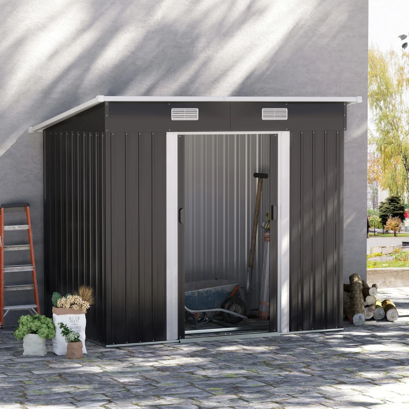 Outsunny Gerätehaus Metall 2,3 m² 207 x 130 x 182 cm Geräteschuppen mit Pultdach Fenster Bodenrahmen Schwarz(m-9)